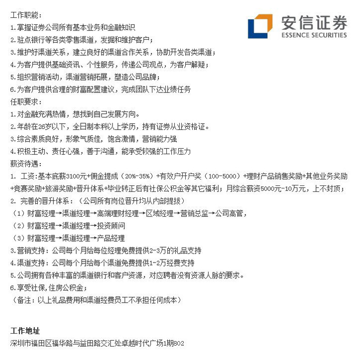 招聘招聘<strong></p>
<p>安信证券</strong>！安信证券深圳益田路招人啦！